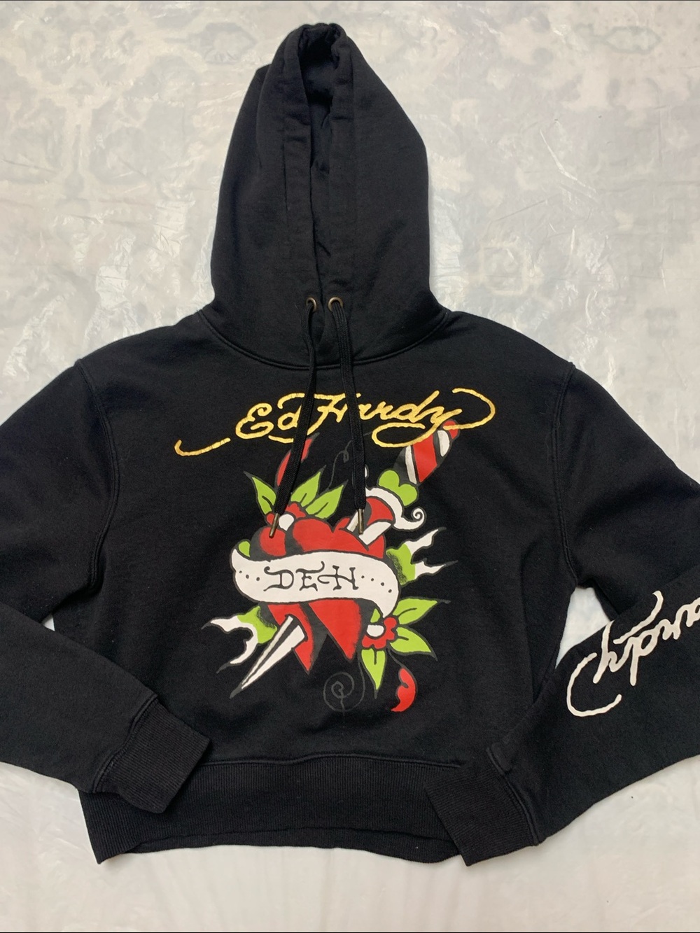Ed Hardy Black Cropped Logo Hooded Sweatshirt Y2K. Size Small